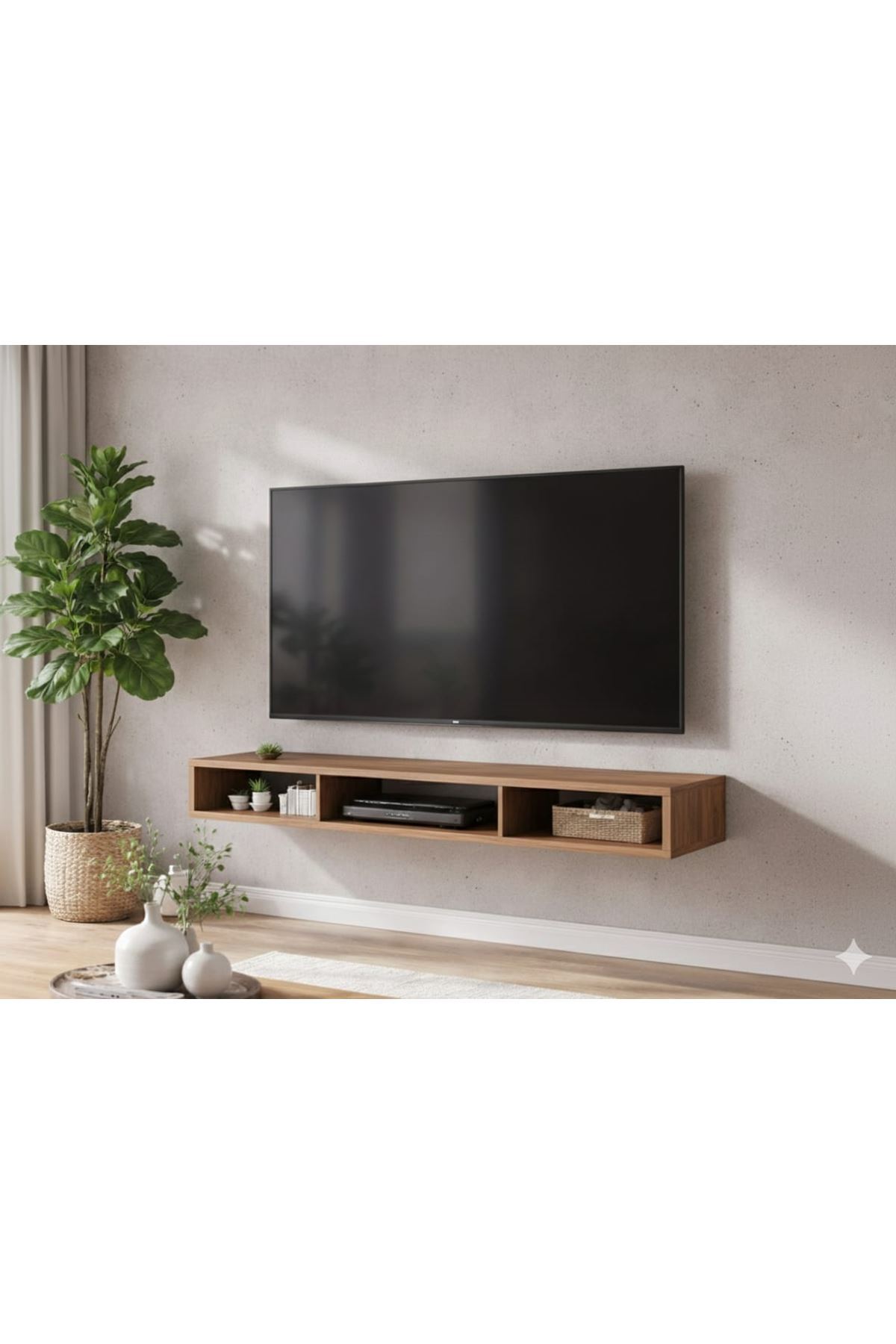 Dekoratif Raflı Duvar Tv Ünitesi Üç Bölmeli Atlantik Çam 150