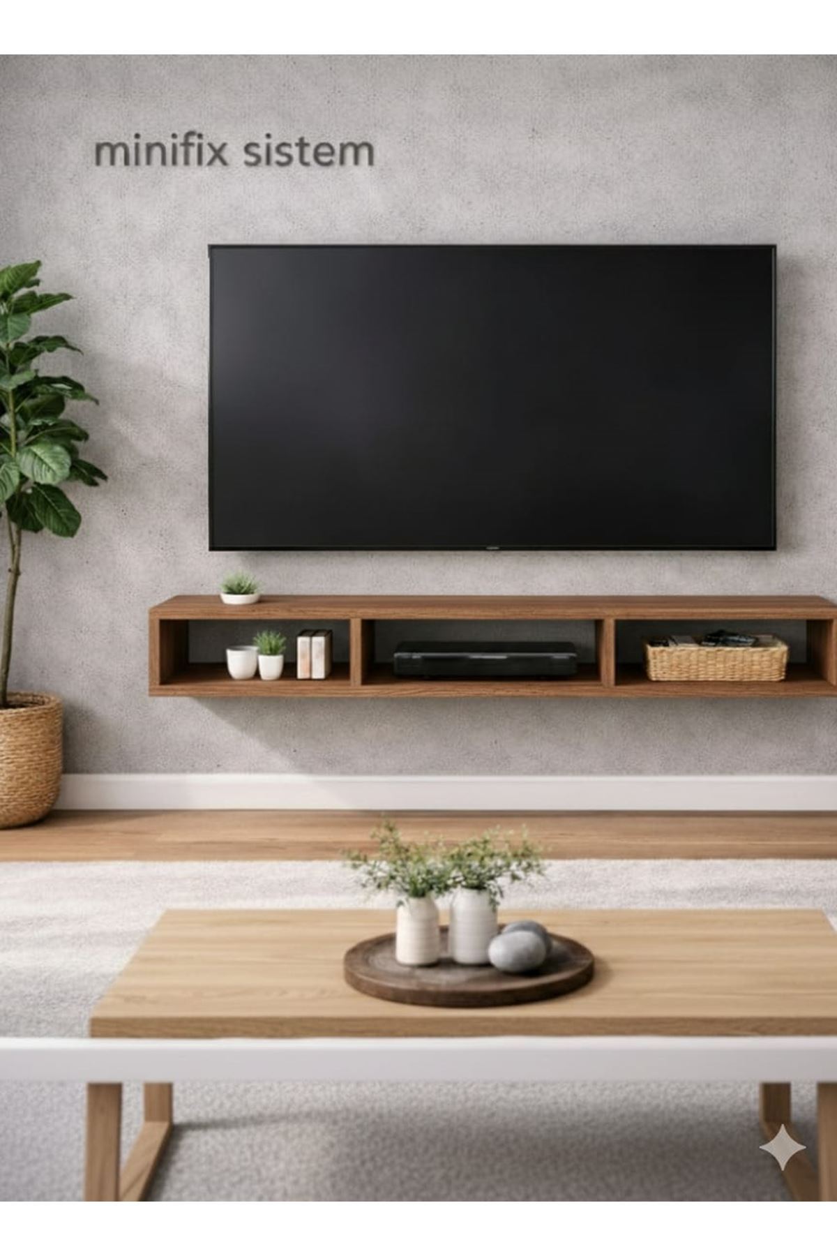 Dekoratif Raflı Duvar Tv Ünitesi Üç Bölmeli Atlantik Çam 130