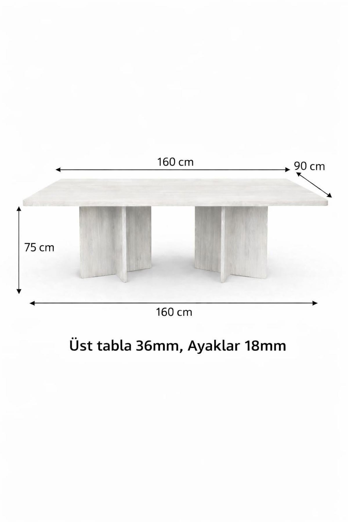 Dikdörtgen Salon Yemek Masası Mantar Ayak - 36mm Kalın Kenarlı 160x90-Beyaz