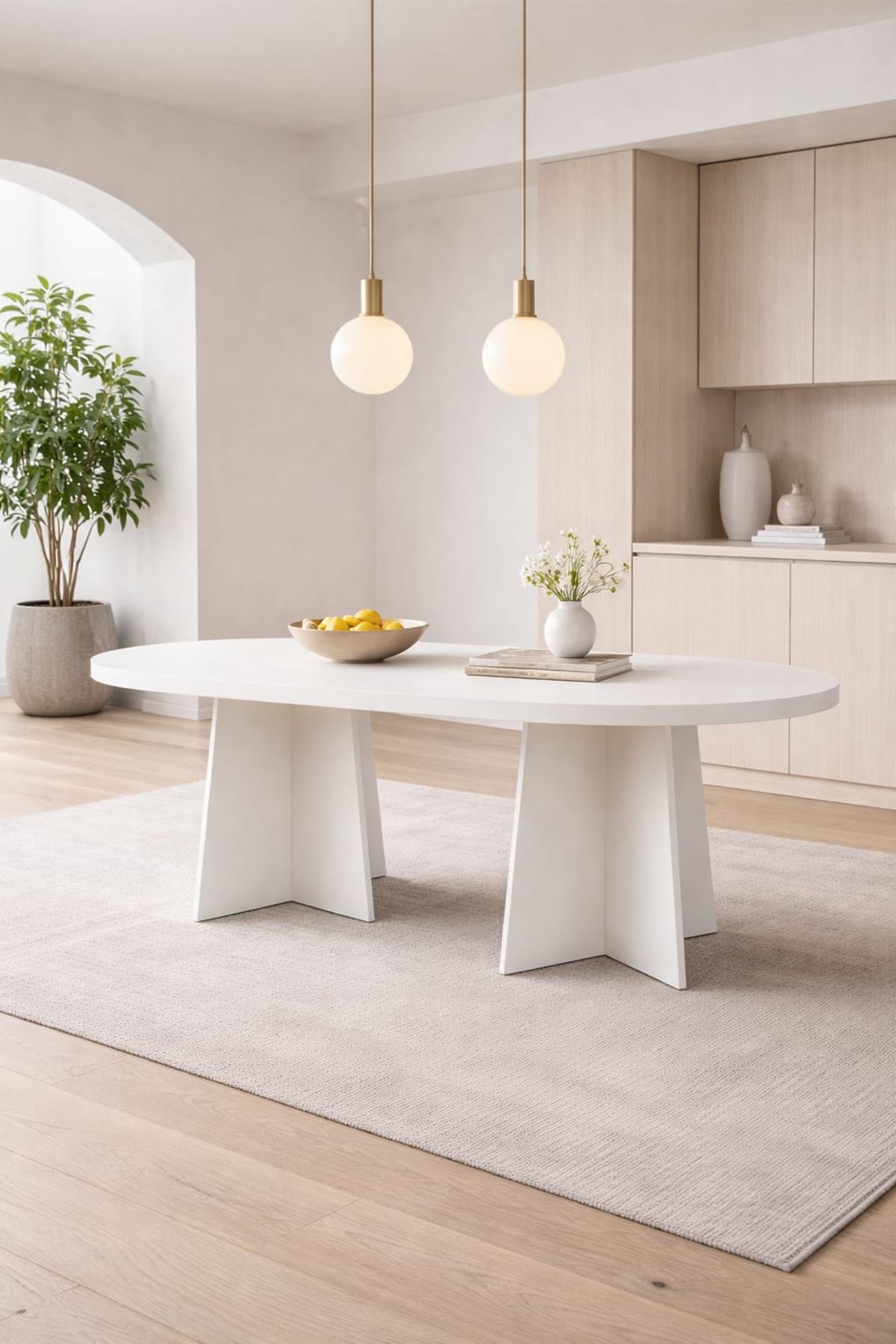Oval Salon Yemek Masası Mantar Ayak 36mm Kalın Kenarlı 160x90 -Beyaz