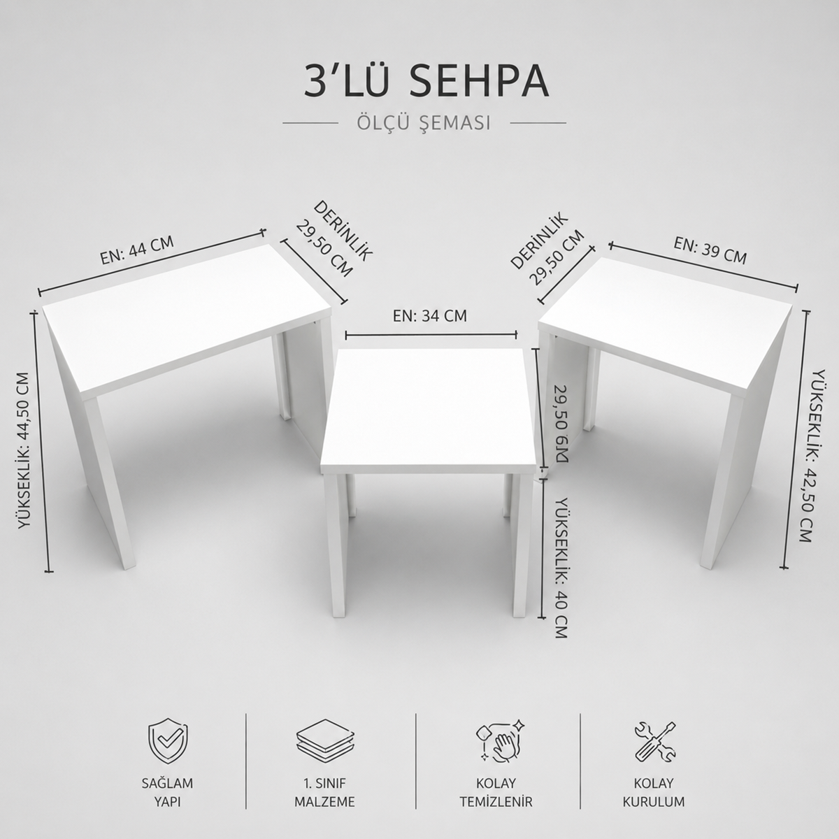 3'lü Zigon Sehpa Beyaz | İç İçe Geçen Modern Zigon Sehpa