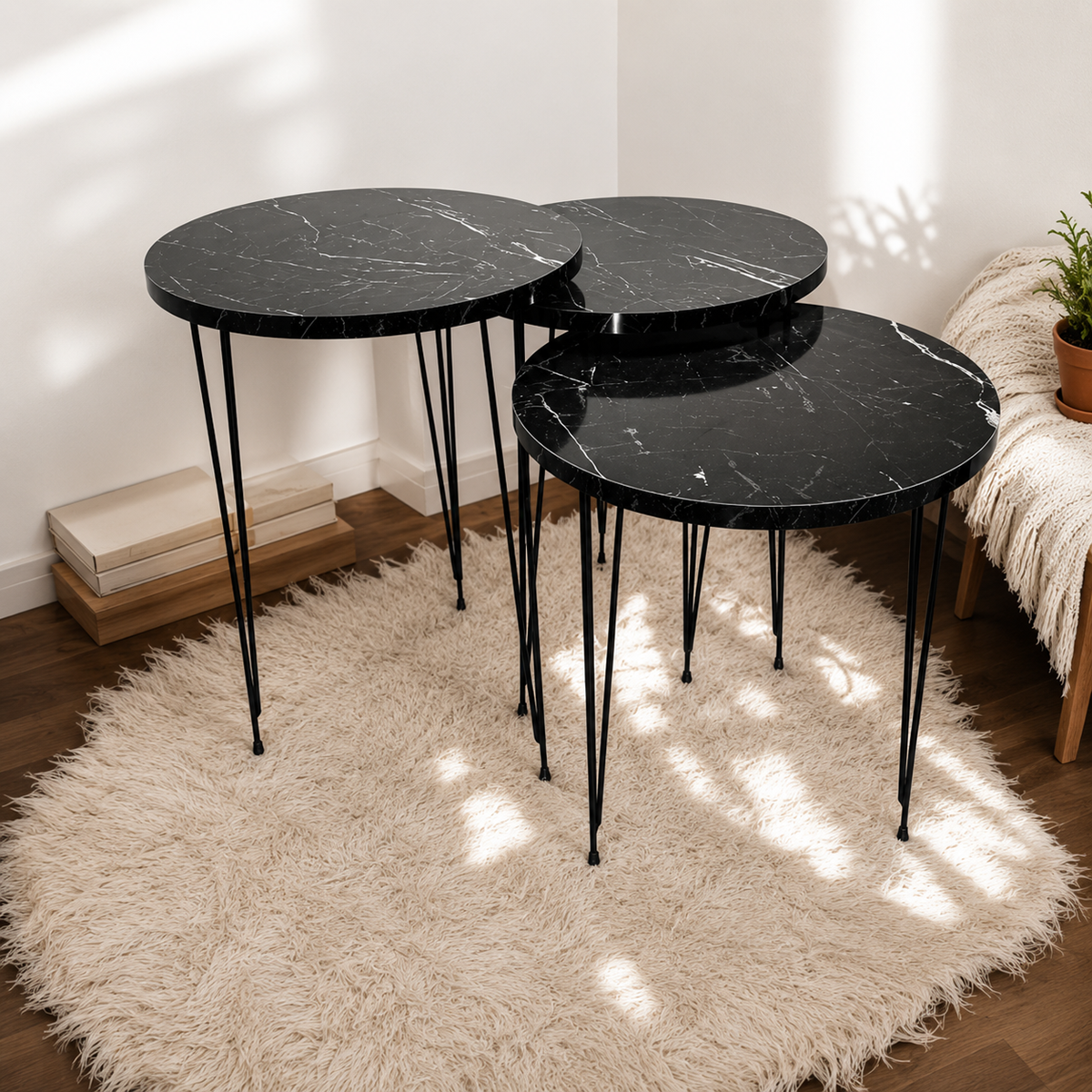 Zigon Sehpa 3'lü Yuvarlak Model Metal Tel Ayak ( SİYAH MERMER )