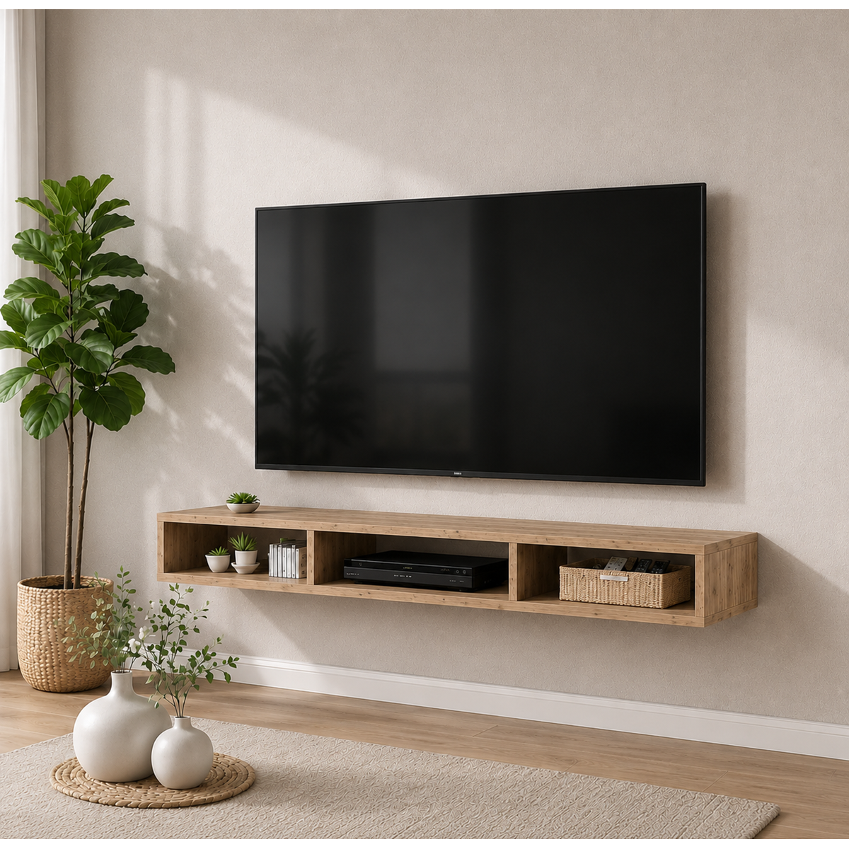 Dekoratif Raflı Duvar Tv Ünitesi Üç Bölmeli Atlantik Çam