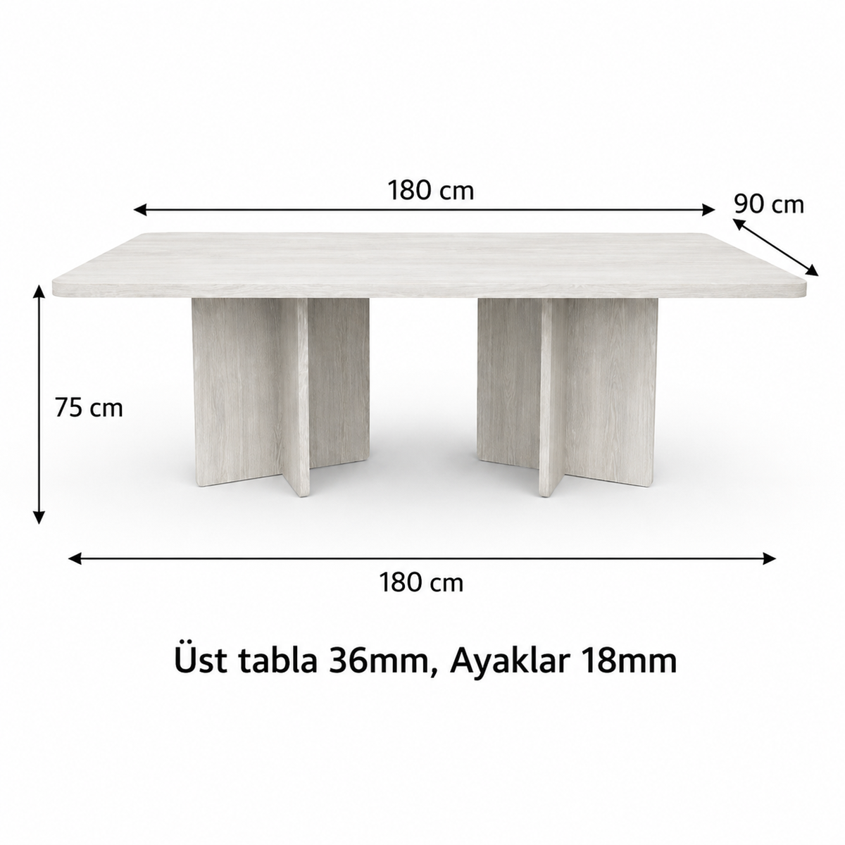 Dikdörtgen Salon Yemek Masası Kemer Ayak - 36mm Kalın Kenarlı -Beyaz