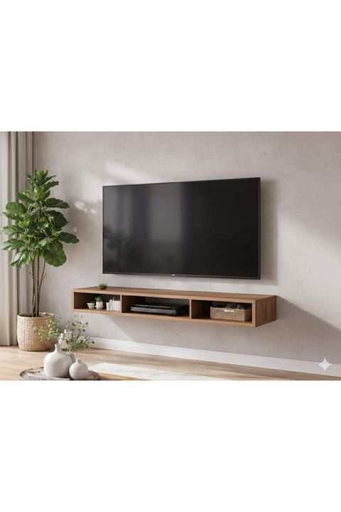 Dekoratif Raflı Duvar Tv Ünitesi Üç Bölmeli Atlantik Çam 90