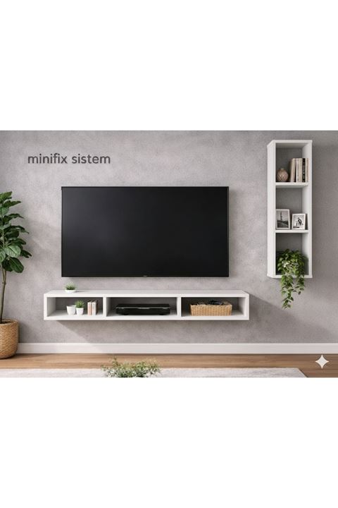 Dekoratif Duvar Rafı - Tv Ünitesi 2 Parçalı Beyaz 150x90