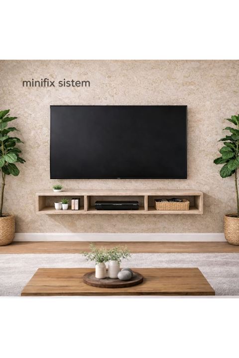 Dekoratif Raflı Duvar Tv Ünitesi  Üç Bölmeli Traverten 150