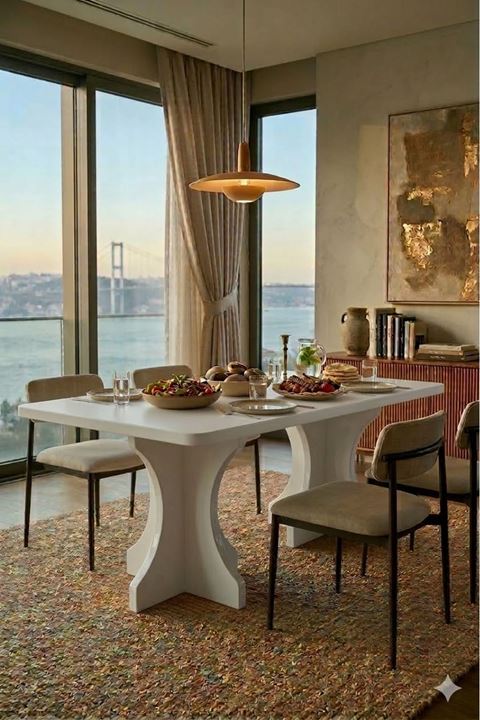 Dikdörtgen Salon Yemek Masası Kemer Ayak - 36mm Kalın Kenarlı 180x90-Beyaz