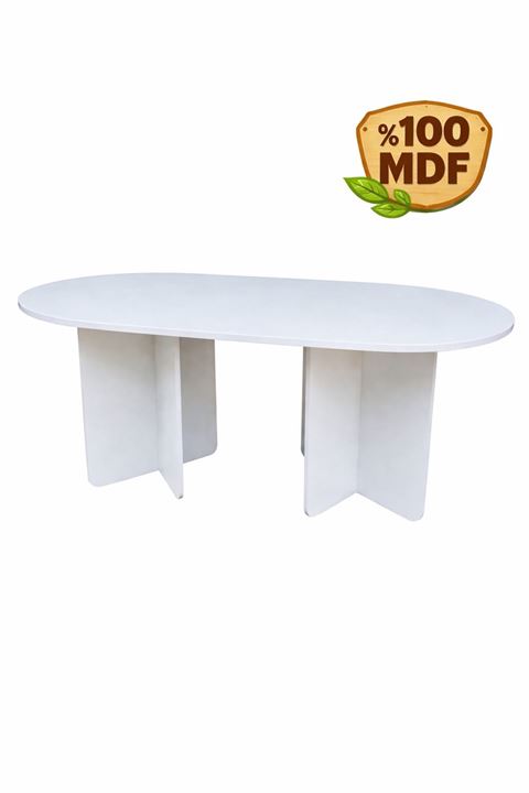 Oval Salon Yemek Masası Kare Ayak 36mm Kalın Kenarlı 180X90 -Beyaz
