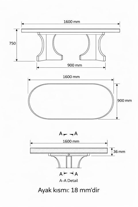 Oval Salon Yemek Masası Kare Ayak 36mm Kalın Kenarlı 160x90 -Beyaz