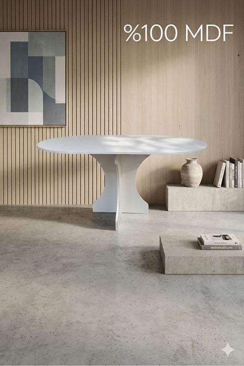 Oval Salon Yemek Masası Kemer Tek Ayak 160x90 -Beyaz