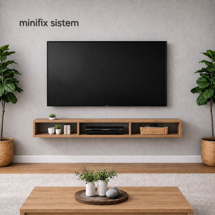 Dekoratif Raflı Duvar Tv Ünitesi Üç Bölmeli Atlantik Çam