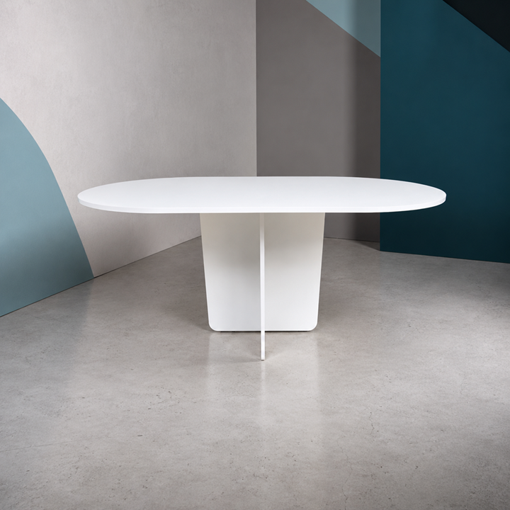 Oval Salon Yemek Masası Kare Tek Ayak 160x90 -Beyaz