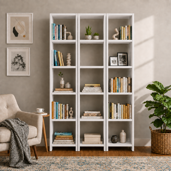 3'lü 6 Raflı Dekoratif Kitaplık Beyaz Kitaplık Ofis Kitaplığı Dolap Kitap Rafı 